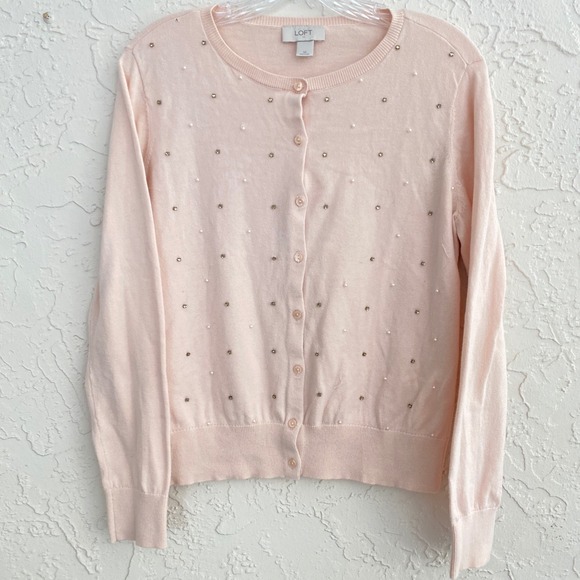 LOFT Sweaters - LOFT Soft Girl Coquette Cardigan Sweater M Pink Pearl Rhinestone Embellished